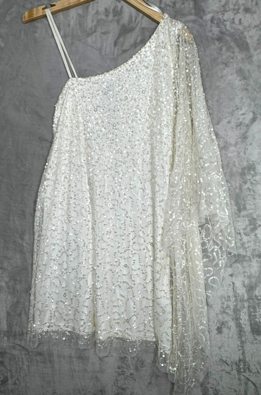 Adrianna Papell Dress Womens Medium White Sequin Single Shoulder Stretch Formal